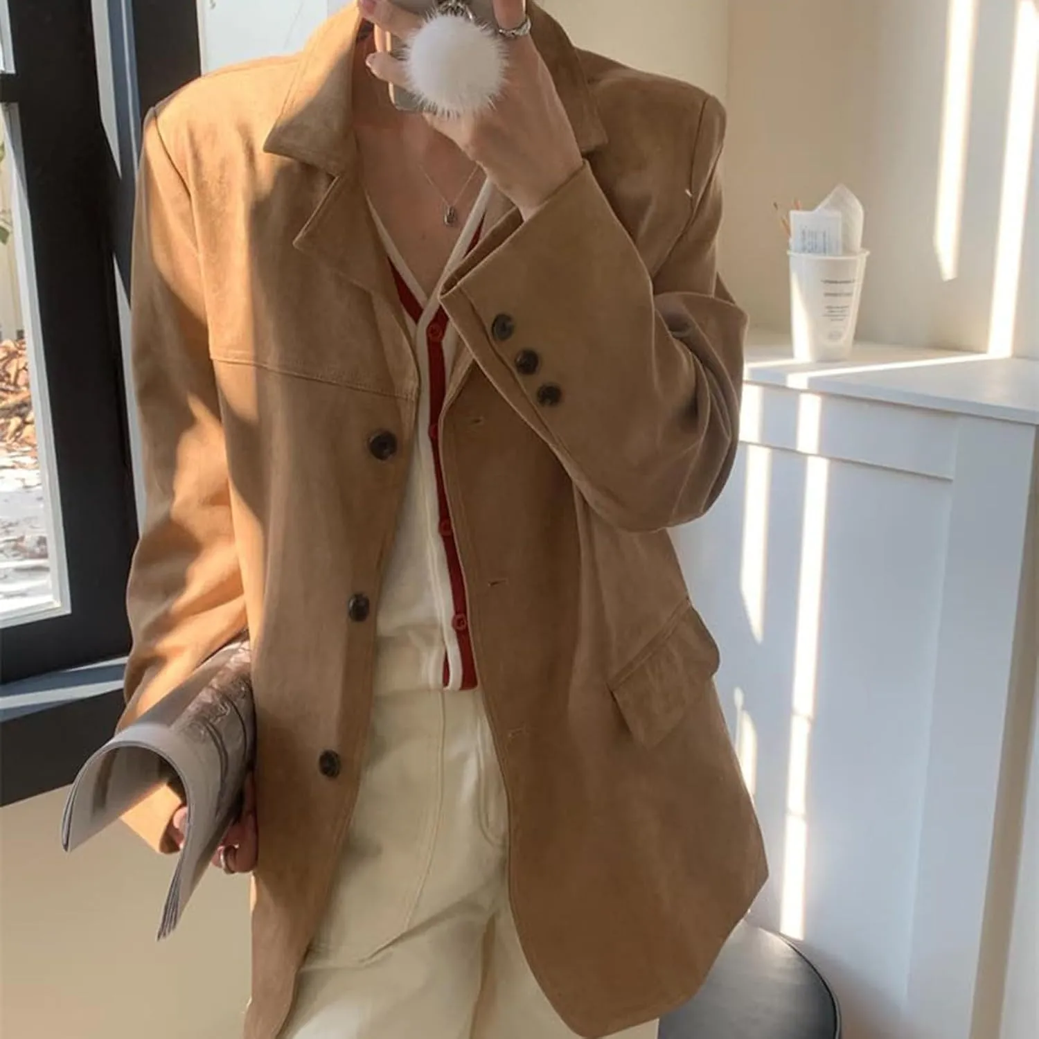 Suede Jacket Y2k Outerwear Brown Faux Leather Jacket Women Fall Fashion Trendy Old Money Oversized Blazers