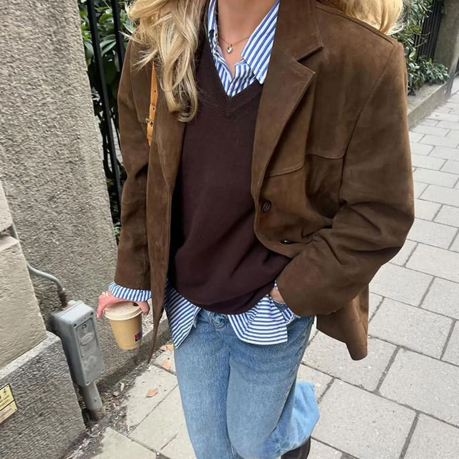 Suede Jacket Y2k Outerwear Brown Faux Leather Jacket Women Fall Fashion Trendy Old Money Oversized Blazers