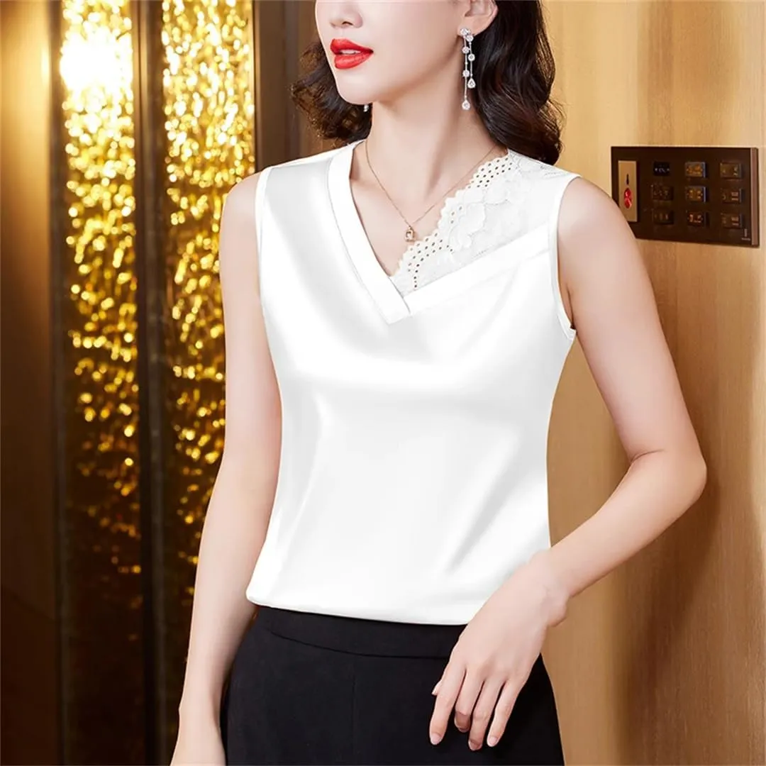 Summer Satin Camisole Women's V-Neck Patchwork Vest Slim Sleeveless Bottoming Shirt