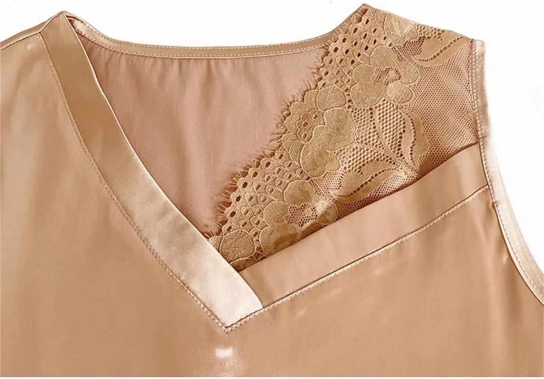 Summer Satin Camisole Women's V-Neck Patchwork Vest Slim Sleeveless Bottoming Shirt