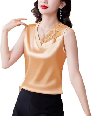 Summer Satin Camisole Women's V-Neck Patchwork Vest Slim Sleeveless Bottoming Shirt