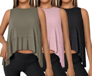 SUNBS 3 Pack Womens Tank Tops Crop Workout Top Sleeveless Athletic Crewneck T Shirts Loose Fit Summer Yoga Gym Outfits
