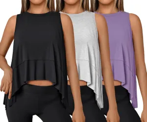 SUNBS 3 Pack Womens Tank Tops Crop Workout Top Sleeveless Athletic Crewneck T Shirts Loose Fit Summer Yoga Gym Outfits