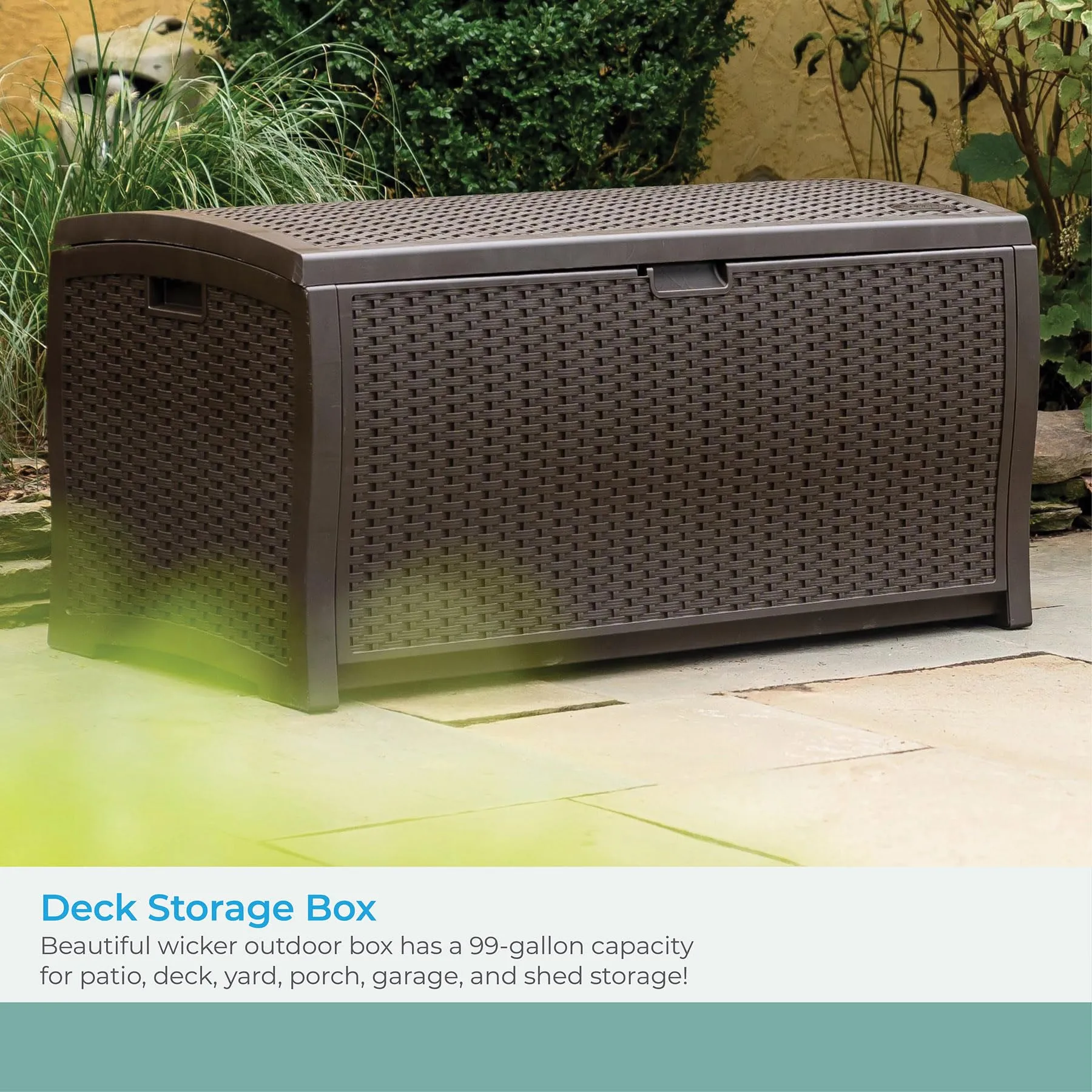 Suncast DBW9200 99 Gallon Outdoor Wicker Plastic Patio Storage Chest Bin with Handles for Patio, Garden, Garage, or Pool for All Weather, Mocha