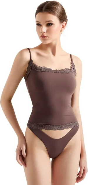 SUUKSESS Women Lace Double Lined Sexy Camisole Tops Spaghetti Strap Y2k Going Out Tank Tops (Mocha, S)
