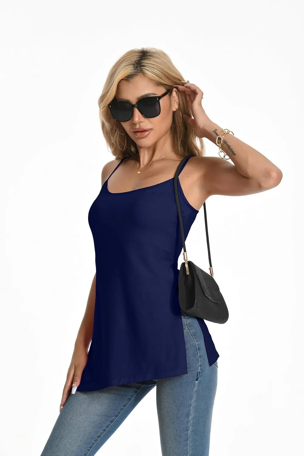 TAIPOVE Pima Cotton Asymmetrical Camisole Tops for Women Adjustable Spaghetti Strap Tops Side Slit Extra Long Tanks
