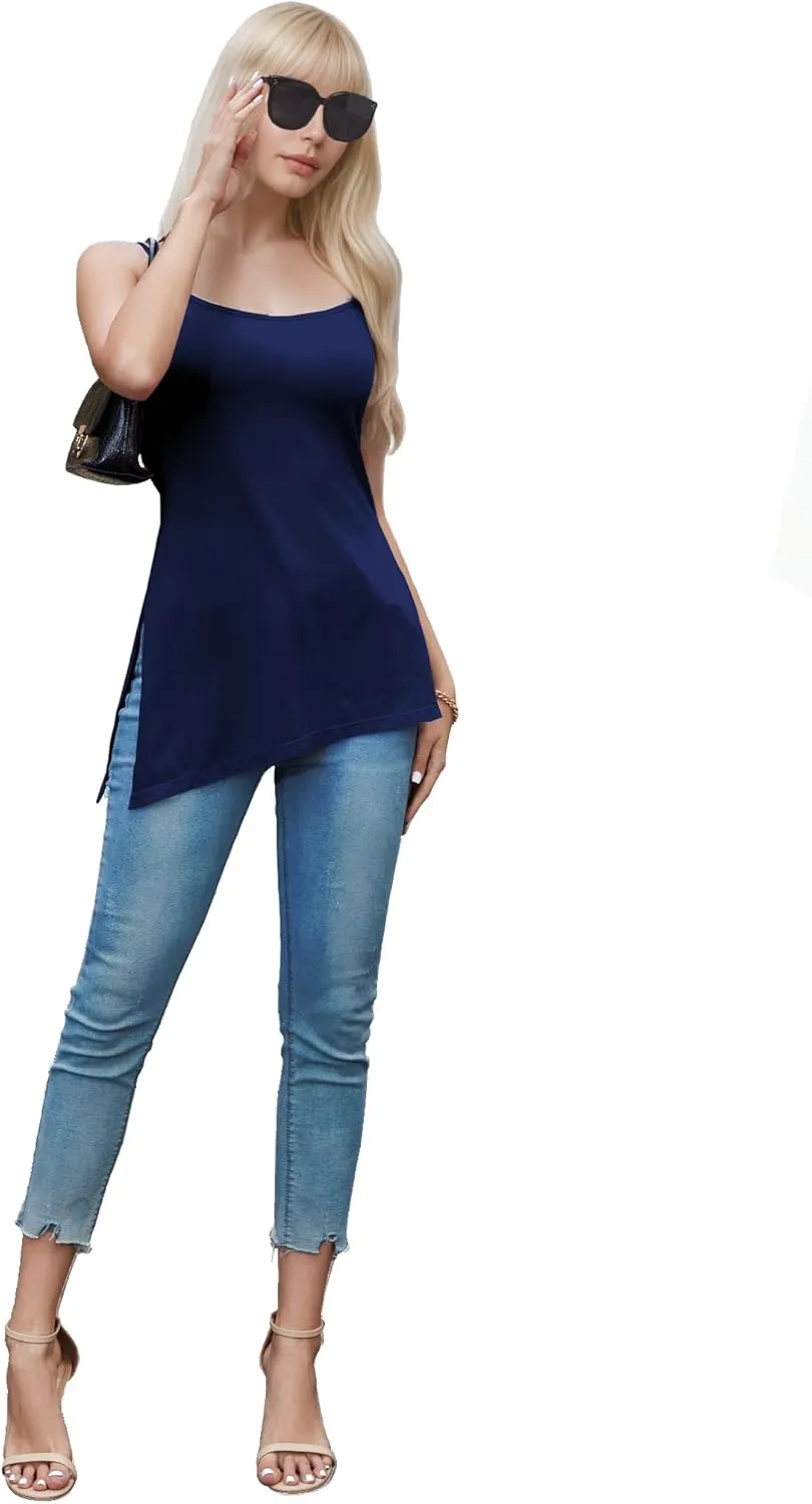 TAIPOVE Pima Cotton Asymmetrical Camisole Tops for Women Adjustable Spaghetti Strap Tops Side Slit Extra Long Tanks