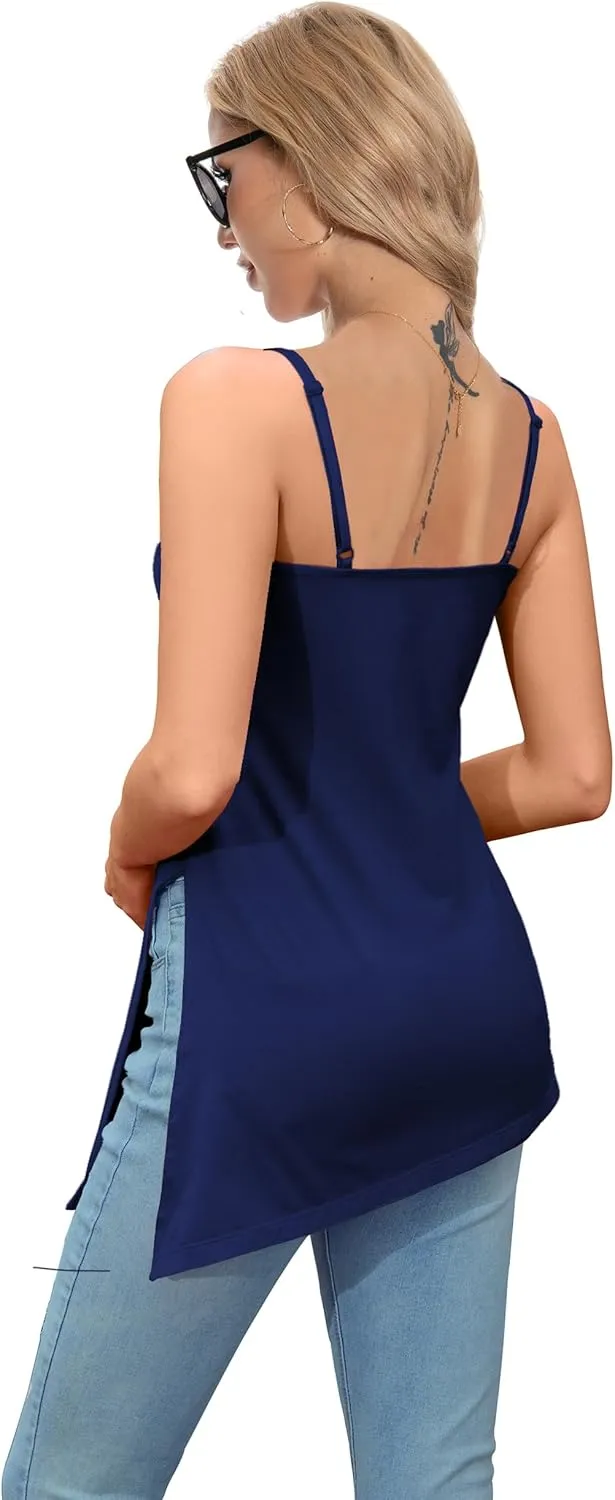 TAIPOVE Pima Cotton Asymmetrical Camisole Tops for Women Adjustable Spaghetti Strap Tops Side Slit Extra Long Tanks