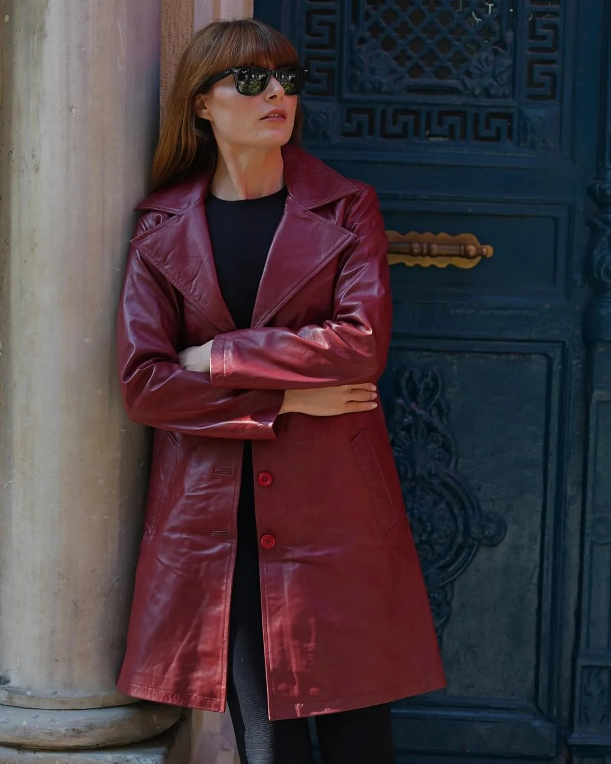 TLC Genuine Long Leather Jacket Women, Stylish and Soft Real Lambskin Leather Trench Coat with Button Design