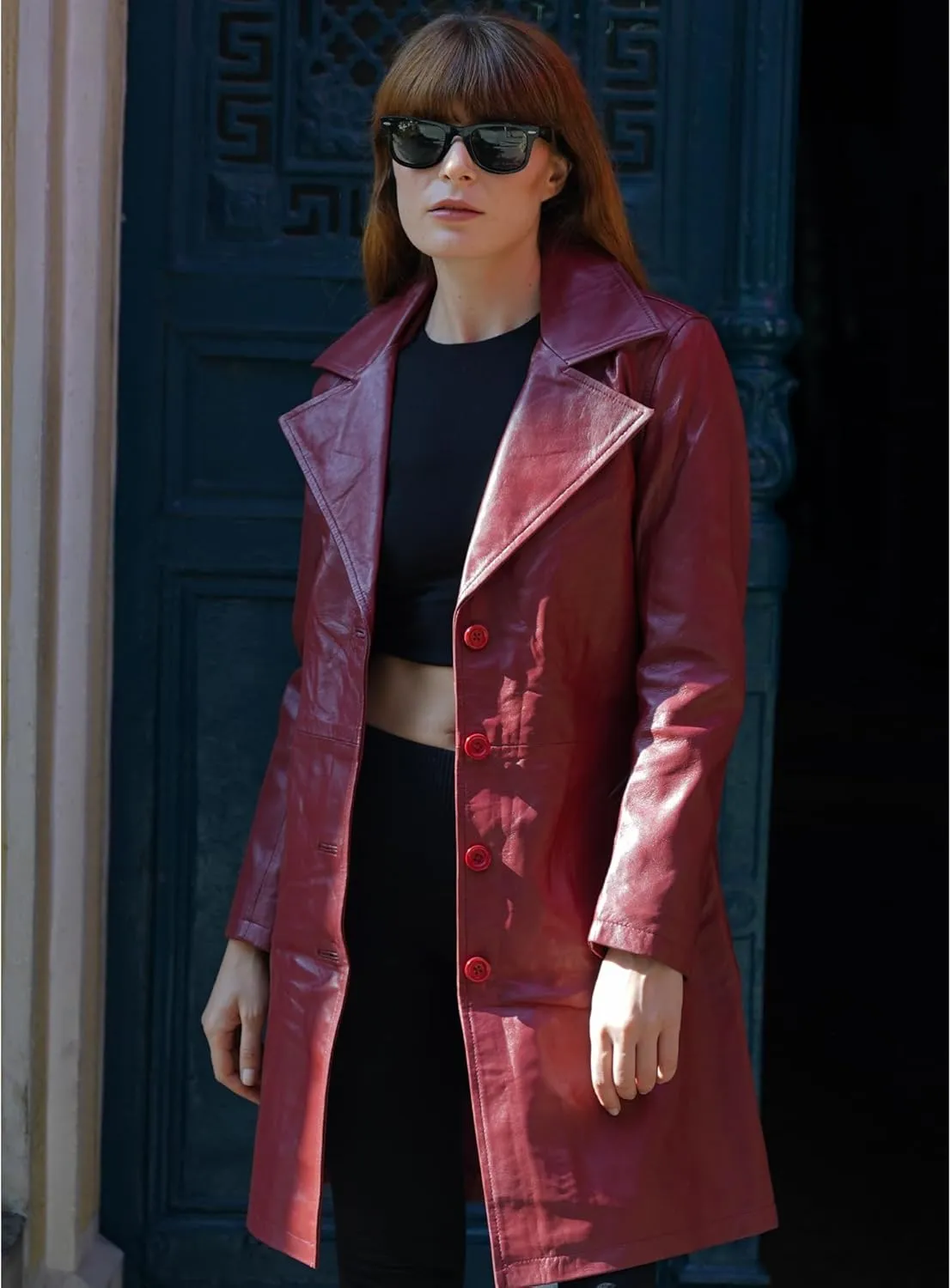 TLC Genuine Long Leather Jacket Women, Stylish and Soft Real Lambskin Leather Trench Coat with Button Design