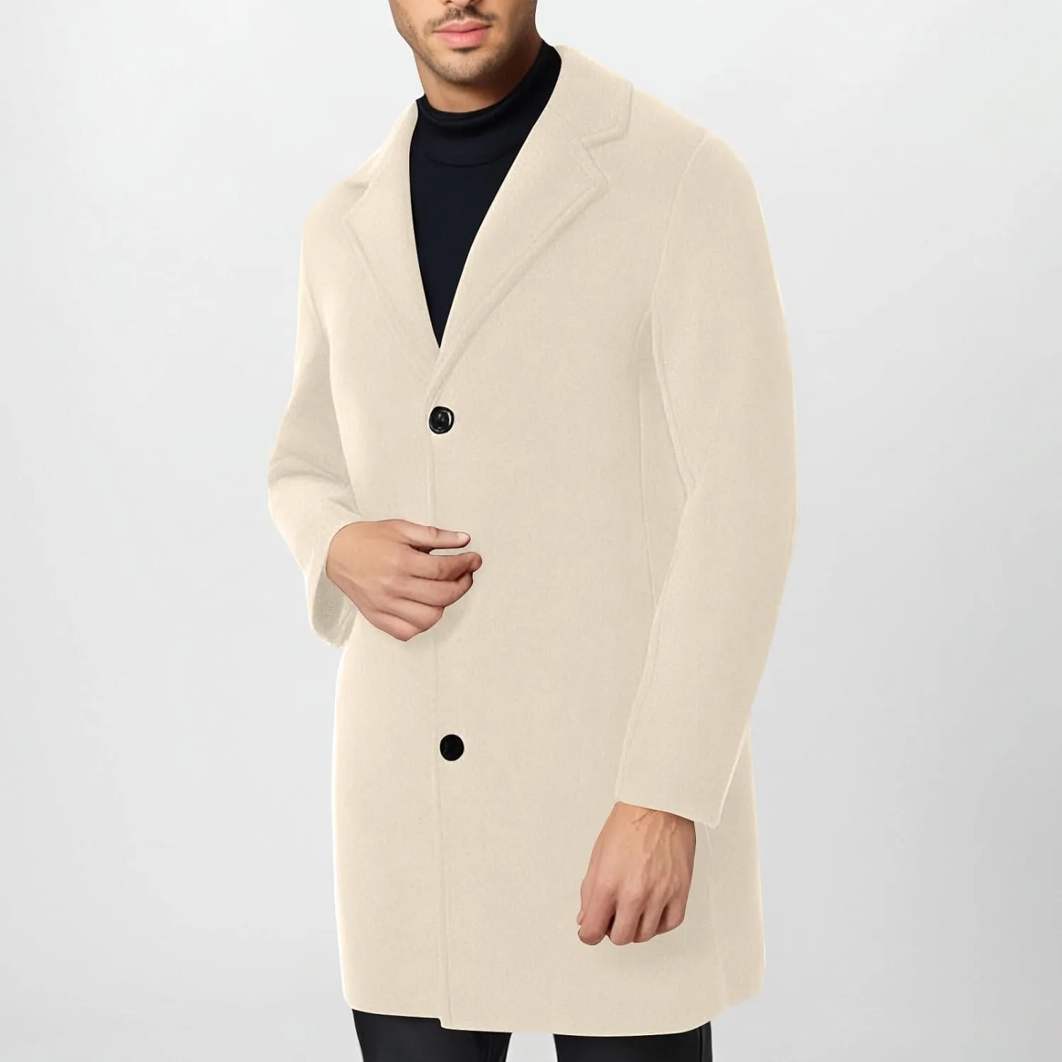 Trench Coat Men Single Breasted Wool Blend Coat Mid Length Pea Coat Notch Lapel Jacket Business Casual Overcoat