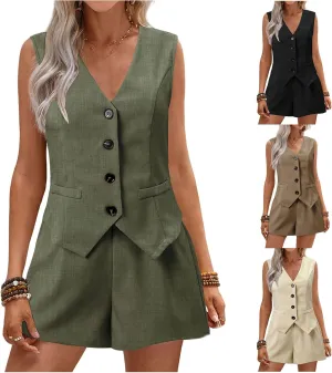 Two Piece Sets for Women Sleeveless Blazer Sets Summer 2-Piece Outfits Button Down V Neck Casual Shorts and Blazer Set