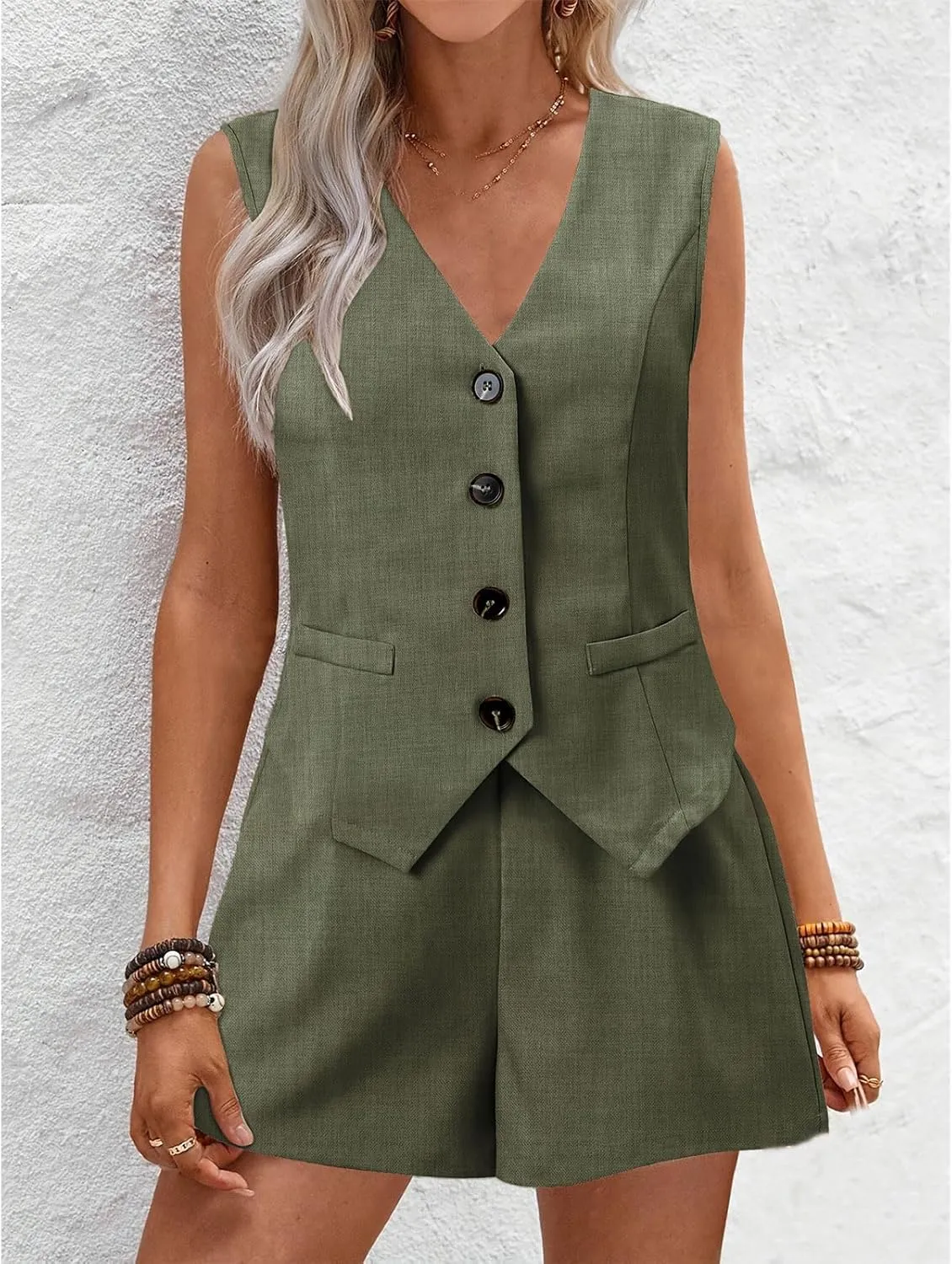 Two Piece Sets for Women Sleeveless Blazer Sets Summer 2-Piece Outfits Button Down V Neck Casual Shorts and Blazer Set