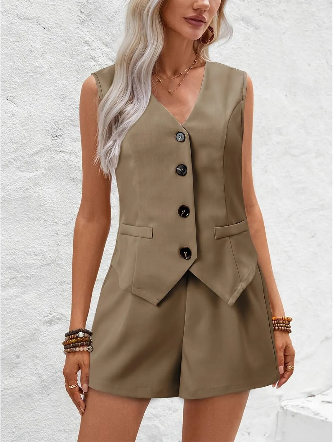 Two Piece Sets for Women Sleeveless Blazer Sets Summer 2-Piece Outfits Button Down V Neck Casual Shorts and Blazer Set
