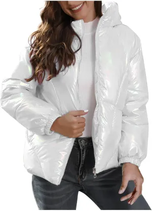 Uillui Puffer Down Jacket for Women Baggy Lightweight Bread Coat Fashion Glossy Cotton-Padded Jacket Hooded Short Down Coats