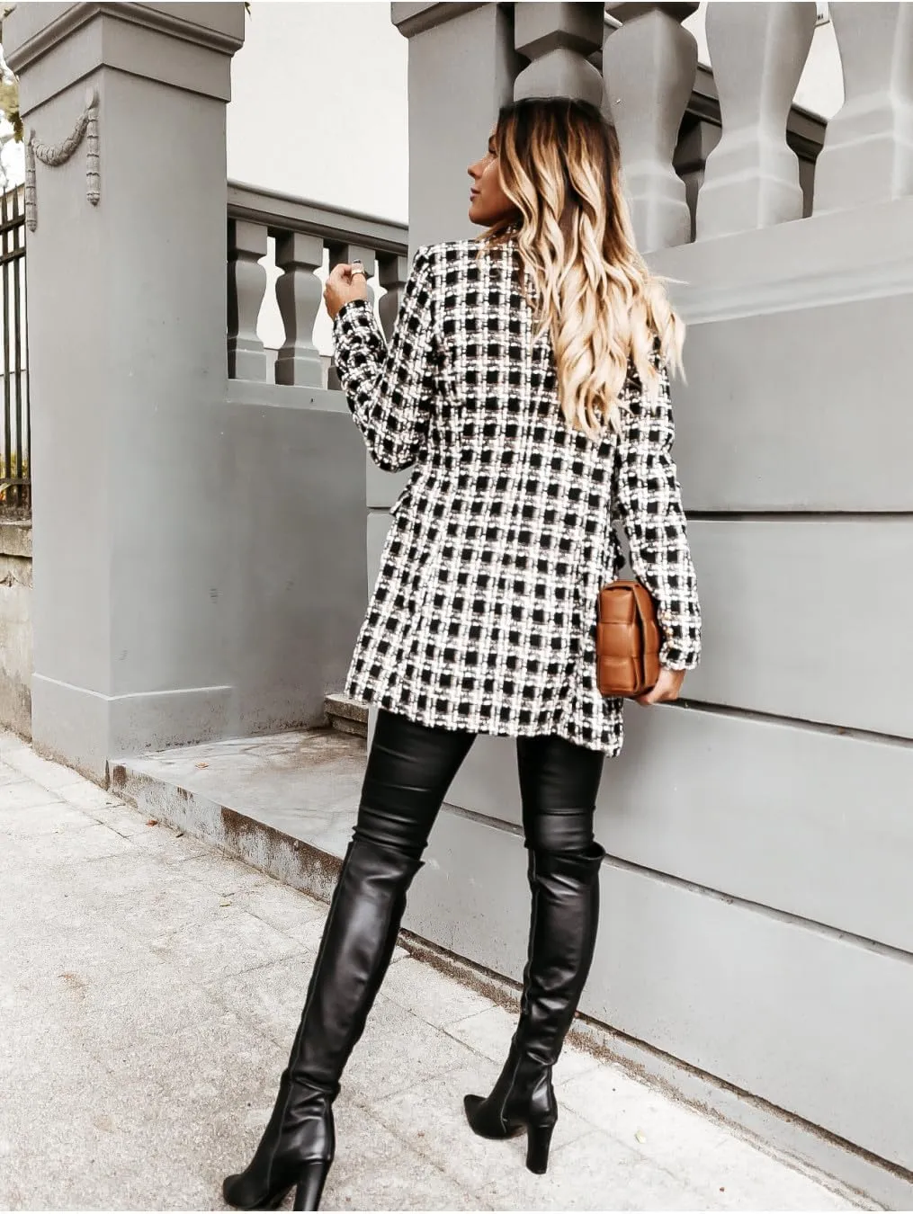 utcoco Womens 2025 Fashion Tweed Blazers Business Casual Double Breasted Open Front Plaid Blazer Jackets