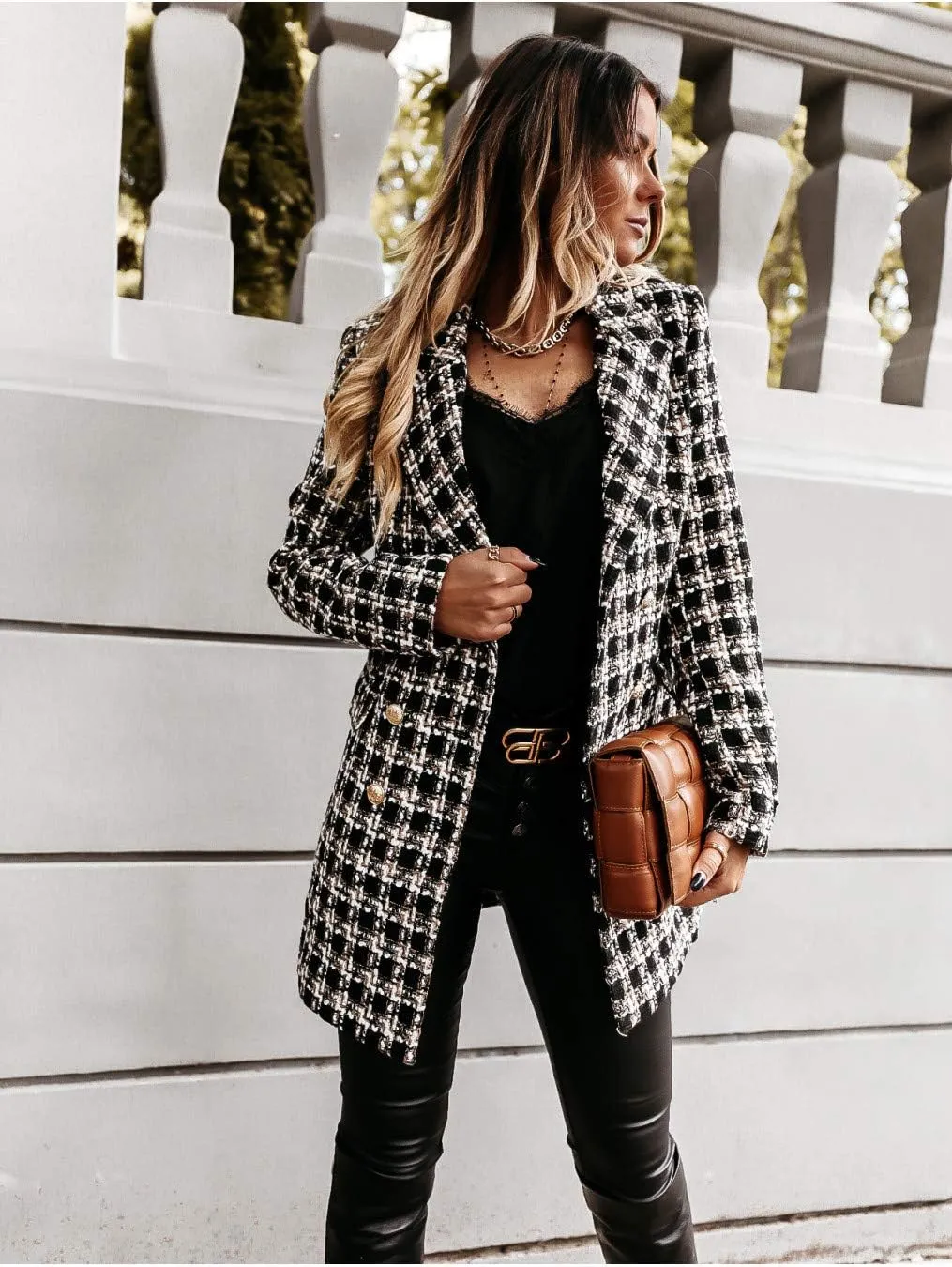 utcoco Womens 2025 Fashion Tweed Blazers Business Casual Double Breasted Open Front Plaid Blazer Jackets