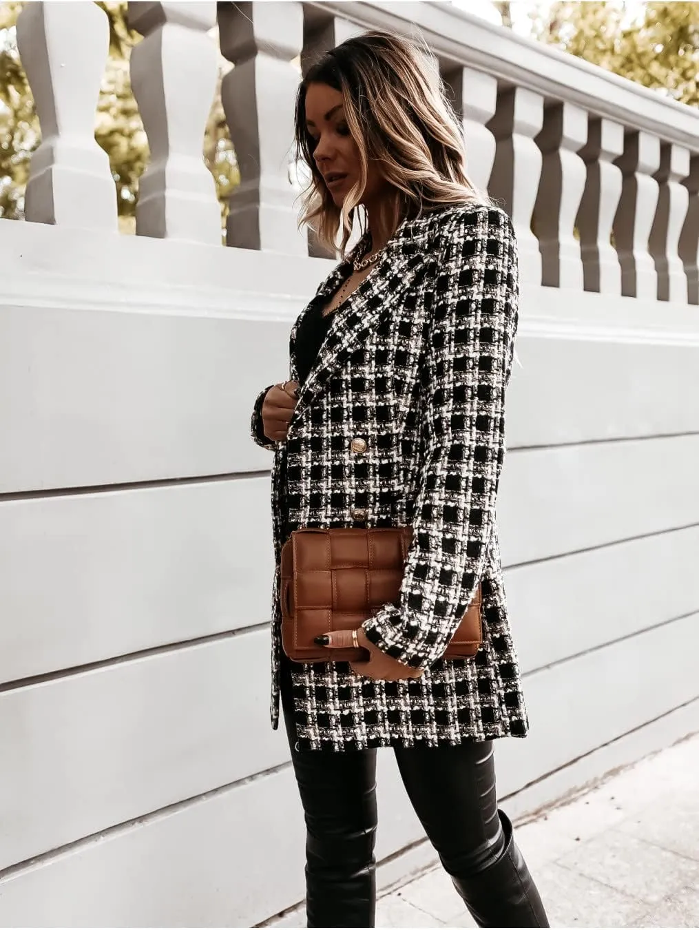 utcoco Womens 2025 Fashion Tweed Blazers Business Casual Double Breasted Open Front Plaid Blazer Jackets