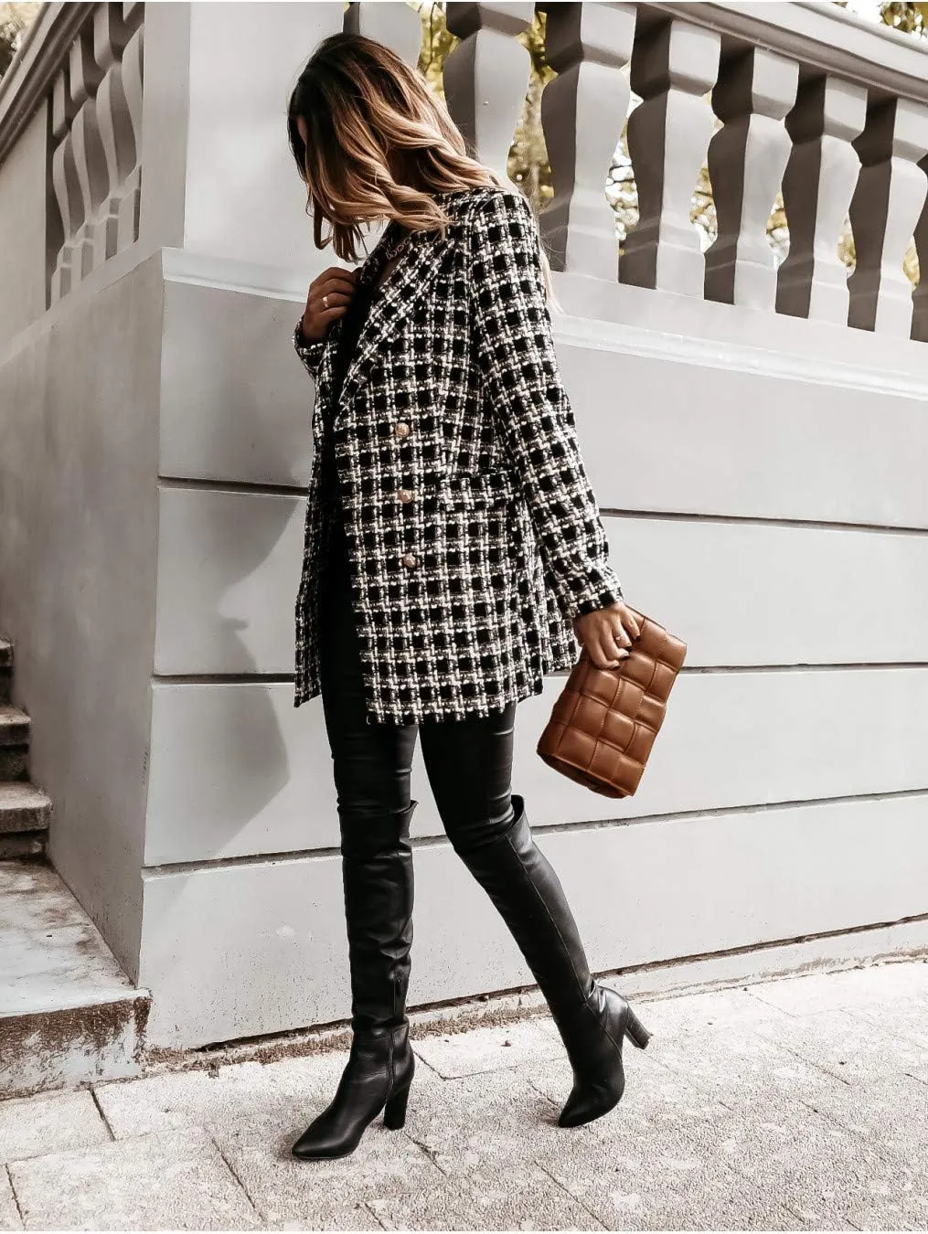 utcoco Womens 2025 Fashion Tweed Blazers Business Casual Double Breasted Open Front Plaid Blazer Jackets