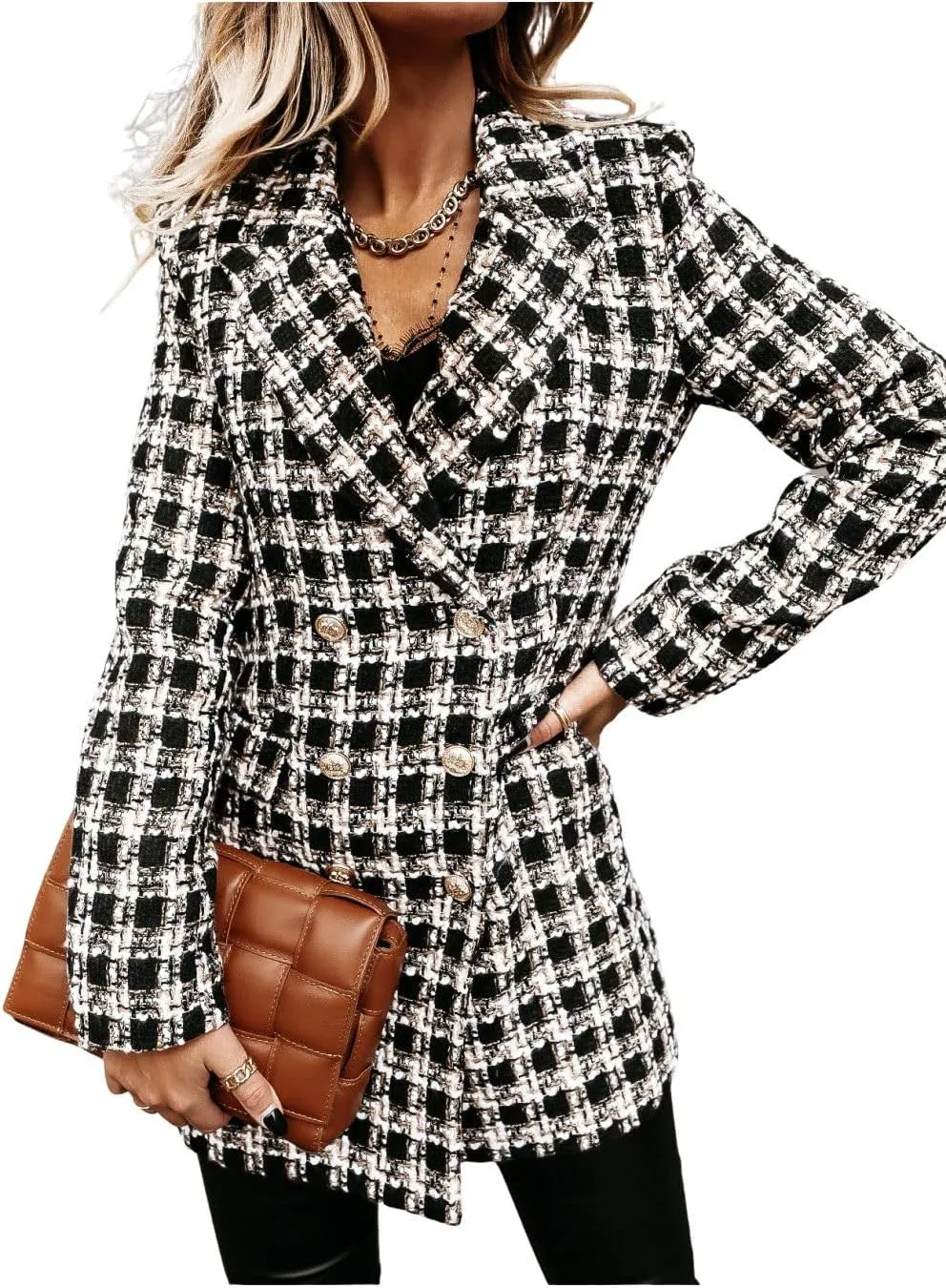 utcoco Womens 2025 Fashion Tweed Blazers Business Casual Double Breasted Open Front Plaid Blazer Jackets