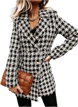 utcoco Womens 2025 Fashion Tweed Blazers Business Casual Double Breasted Open Front Plaid Blazer Jackets