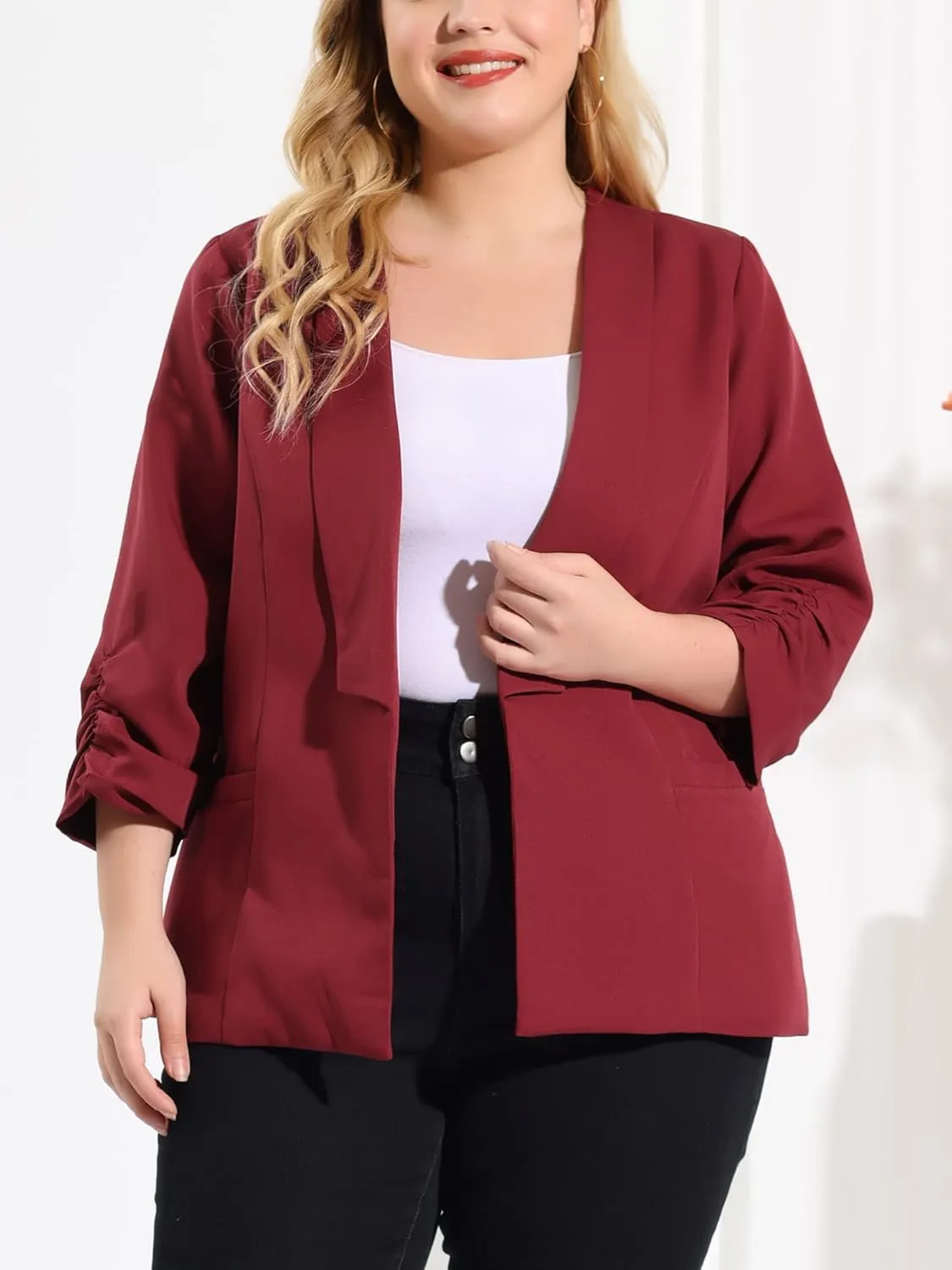 uxcell Women's Plus Size Blazers Shawl Collar Open Front 3/4 Ruched Sleeve Work Office Lightweight Blazers