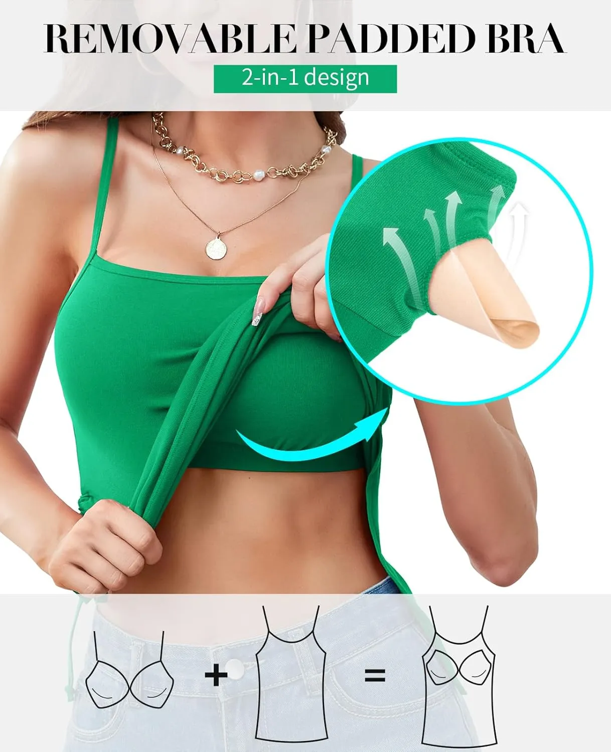 V FOR CITY Padded Camisole for Women with Built-in Bra Adjustable Strap Tank Tops Cotton Cami Shirts