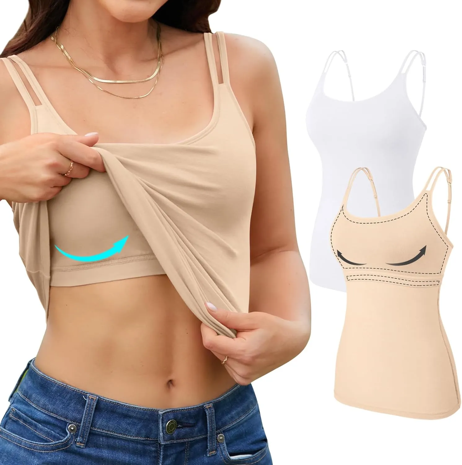 V FOR CITY Shelf Bra Camisole Tops for Women Adjustable Double Spaghetti Straps Tank Tops Cotton Yoga Cami Shirt 2 Pack
