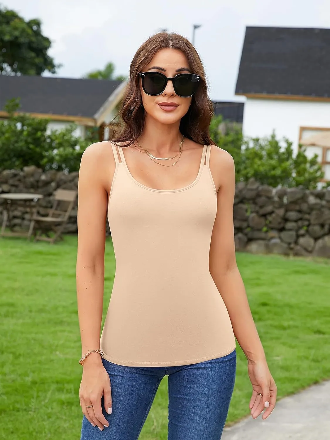 V FOR CITY Shelf Bra Camisole Tops for Women Adjustable Double Spaghetti Straps Tank Tops Cotton Yoga Cami Shirt 2 Pack