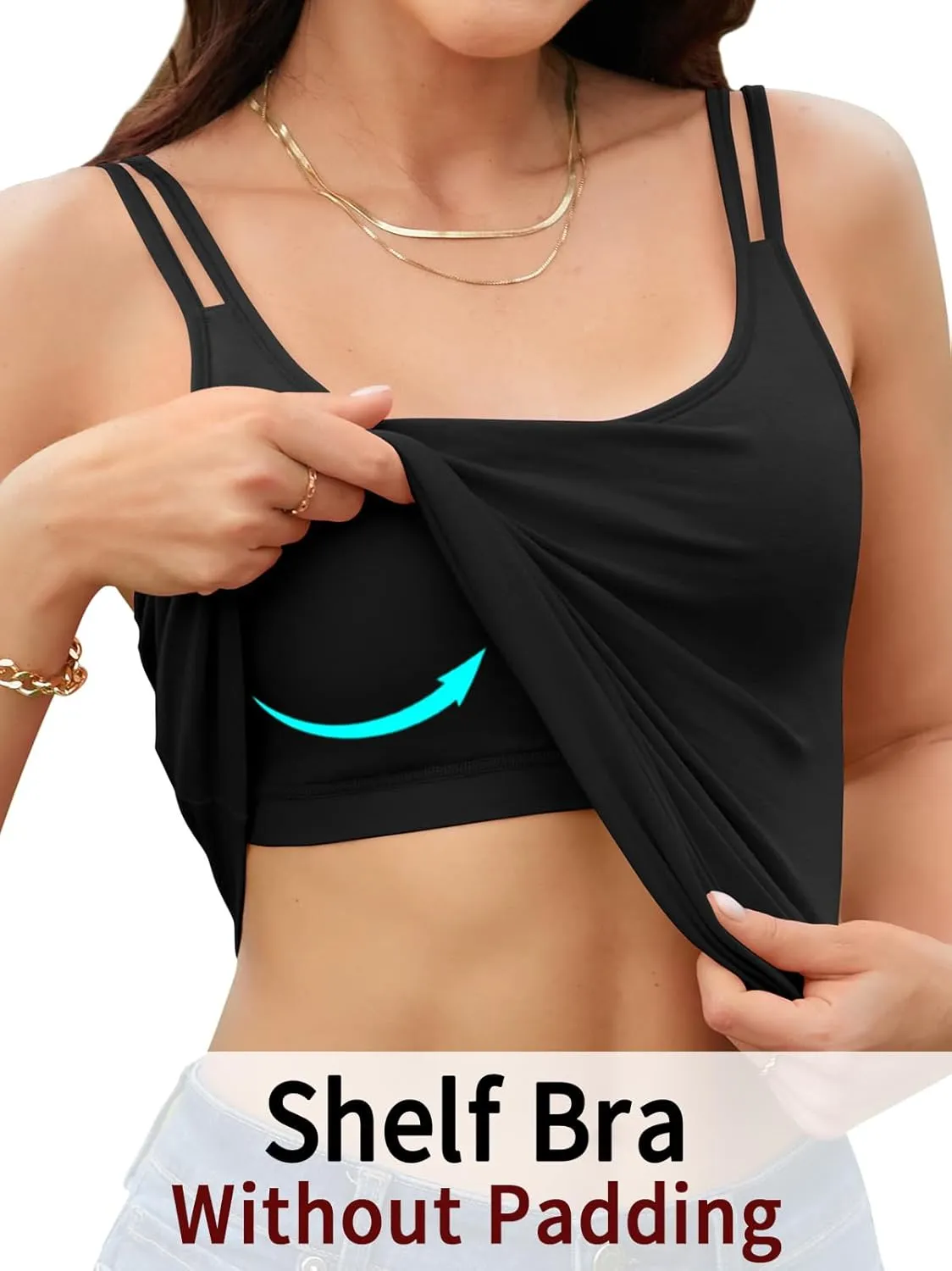 V FOR CITY Shelf Bra Camisole Tops for Women Adjustable Double Spaghetti Straps Tank Tops Cotton Yoga Cami Shirt 2 Pack