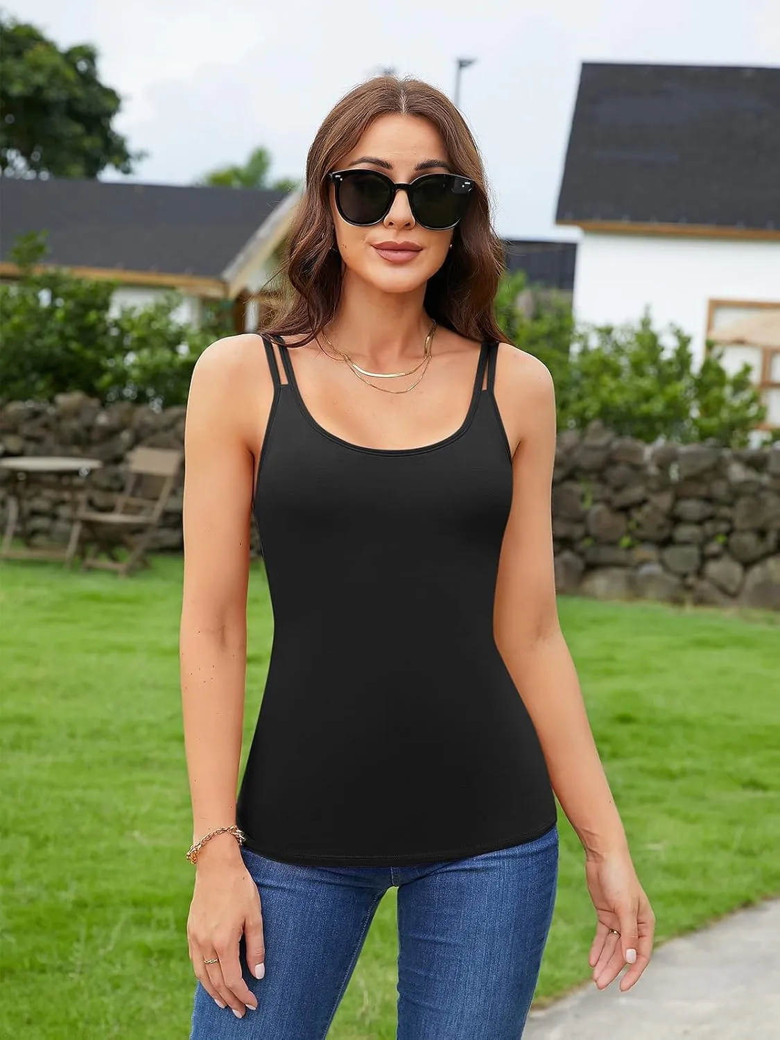 V FOR CITY Shelf Bra Camisole Tops for Women Adjustable Double Spaghetti Straps Tank Tops Cotton Yoga Cami Shirt 2 Pack