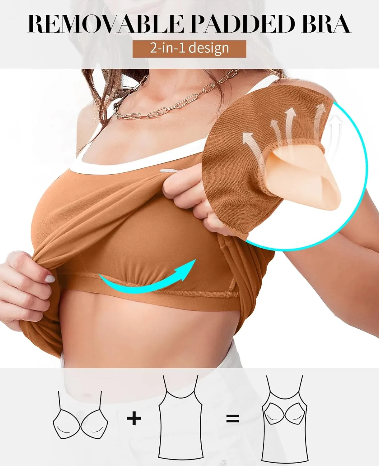 V FOR CITY Women Camis with Built-in Bra Adjustable Strap Cotton Tank Top Contrast Binding Cami Shirts