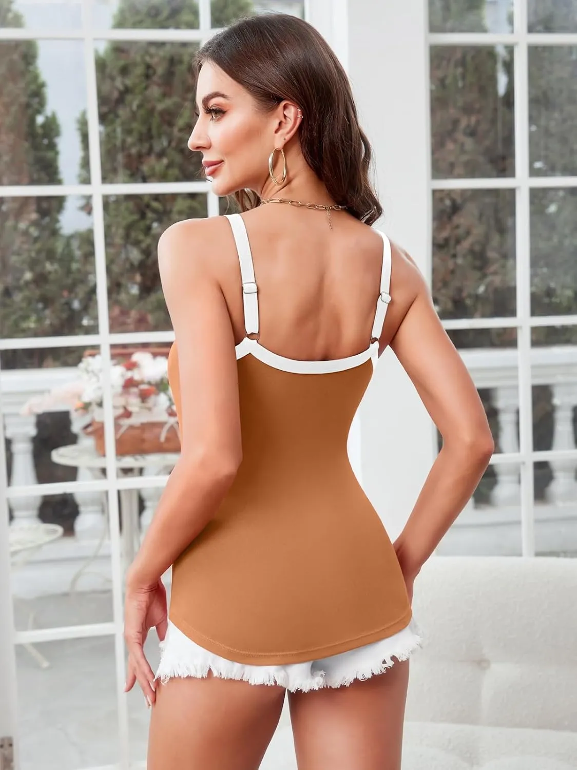 V FOR CITY Women Camis with Built-in Bra Adjustable Strap Cotton Tank Top Contrast Binding Cami Shirts