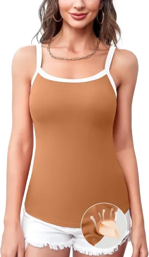 V FOR CITY Women Camis with Built-in Bra Adjustable Strap Cotton Tank Top Contrast Binding Cami Shirts