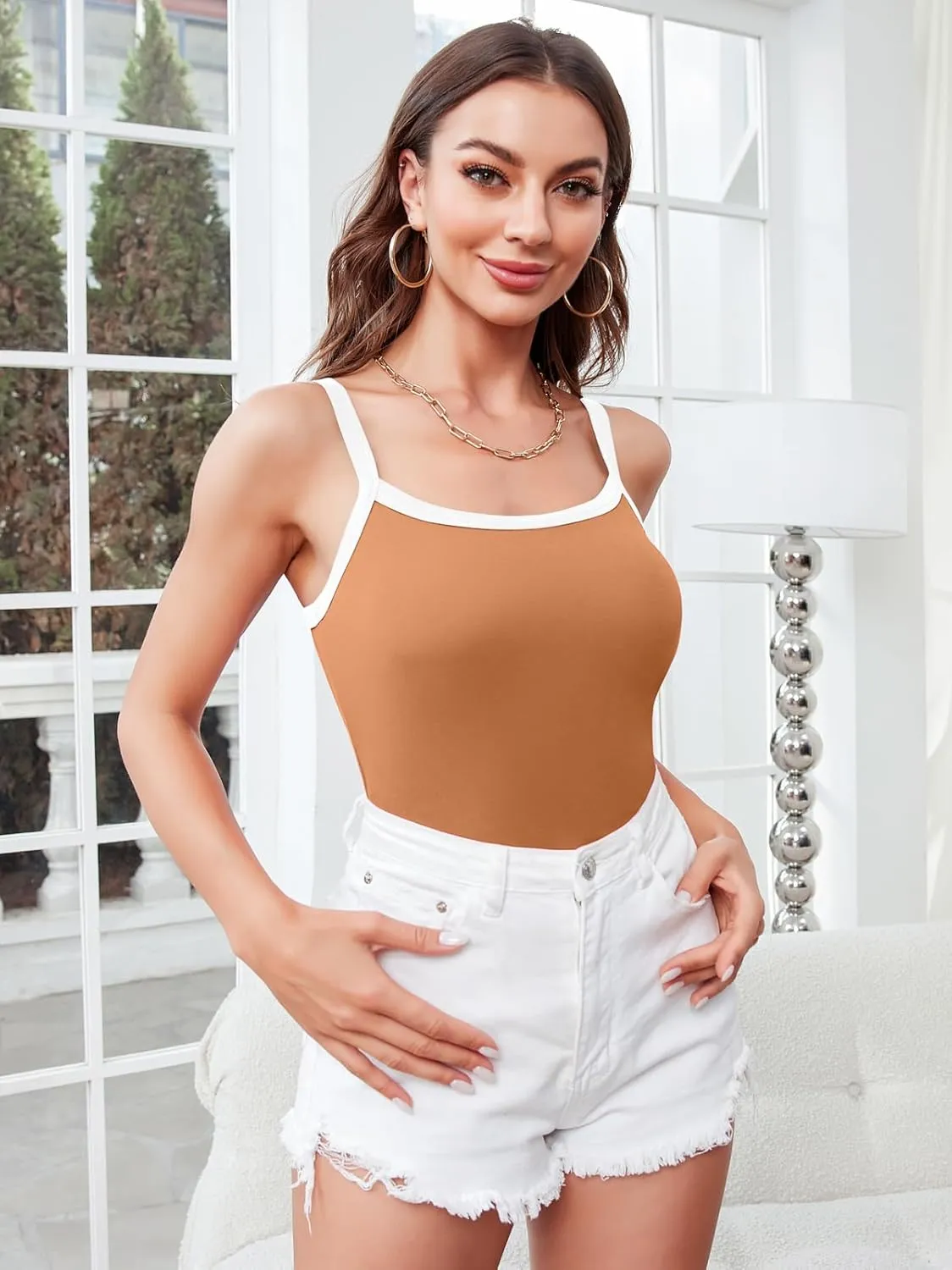 V FOR CITY Women Camis with Built-in Bra Adjustable Strap Cotton Tank Top Contrast Binding Cami Shirts