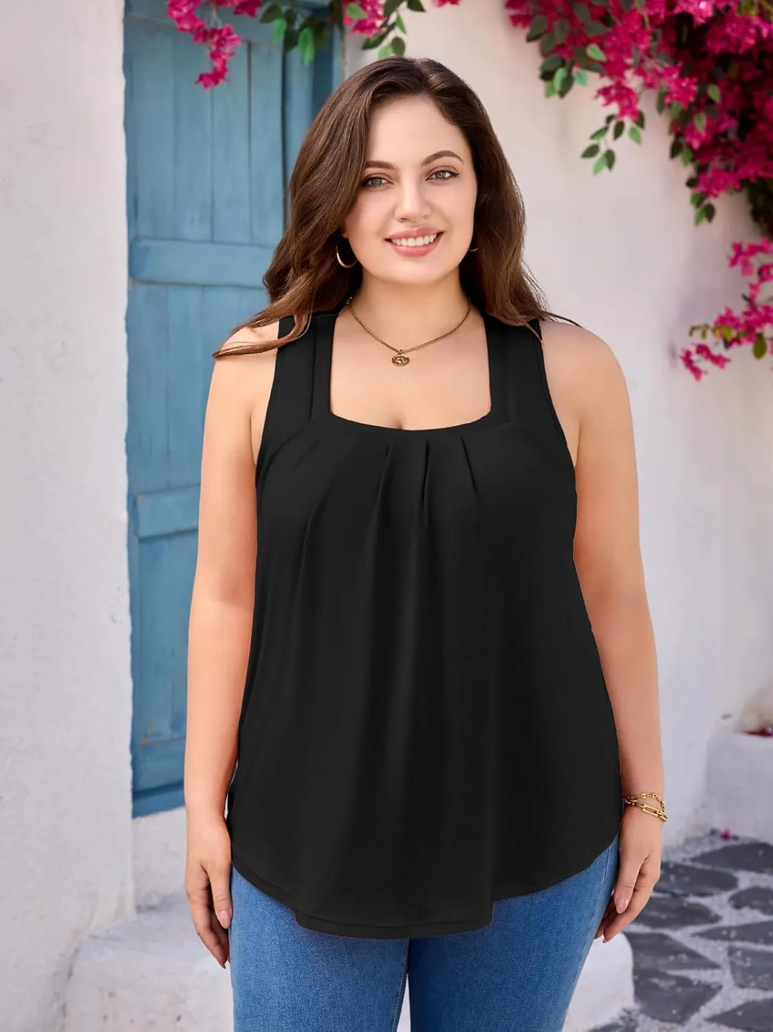 V FOR CITY Women Plus Size Loose Tank Tops with Built in Bra Square Neck Summer Shirts Flowy Casual Tunic