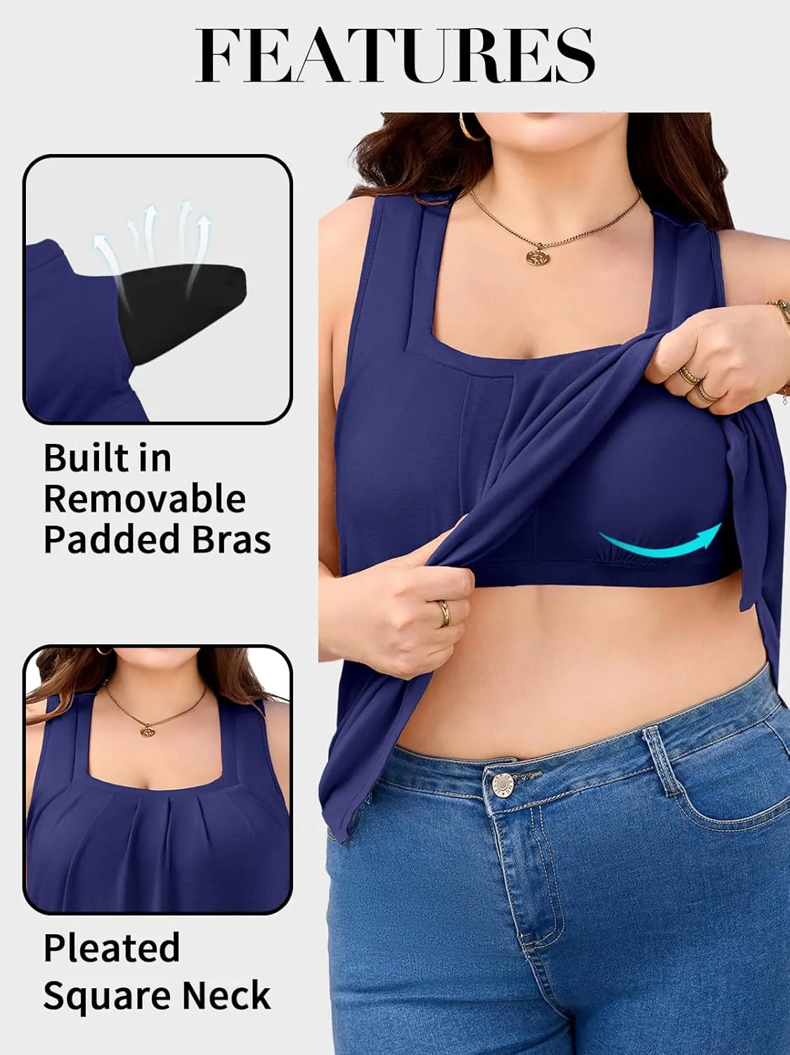 V FOR CITY Women Plus Size Loose Tank Tops with Built in Bra Square Neck Summer Shirts Flowy Casual Tunic