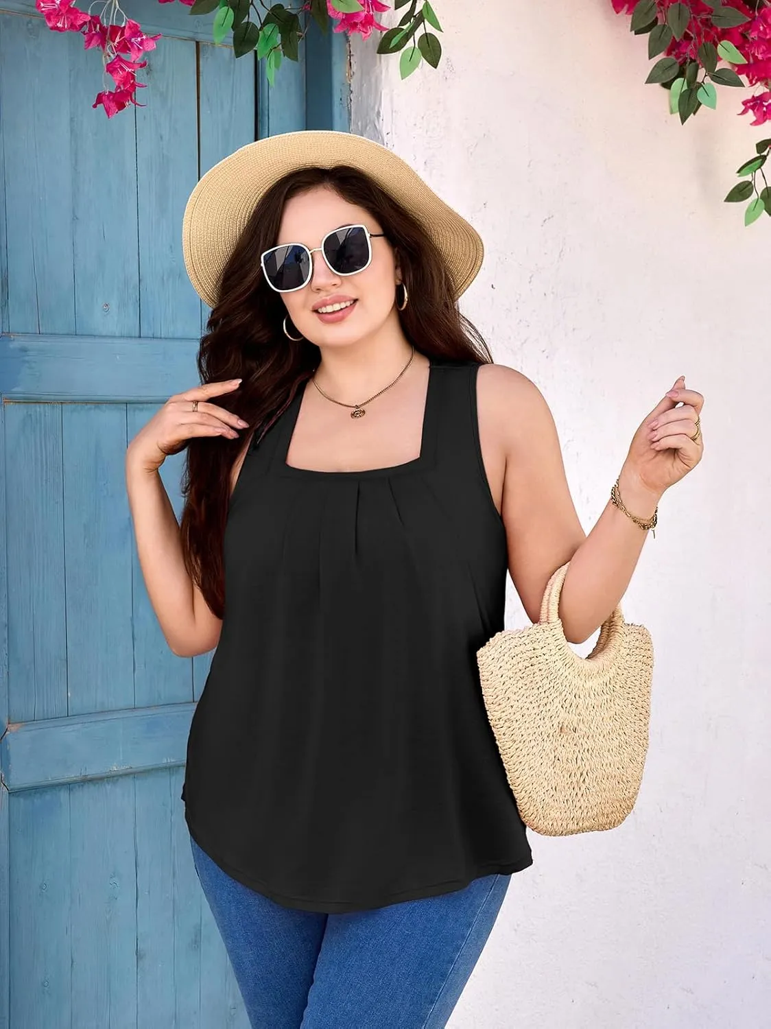 V FOR CITY Women Plus Size Loose Tank Tops with Built in Bra Square Neck Summer Shirts Flowy Casual Tunic