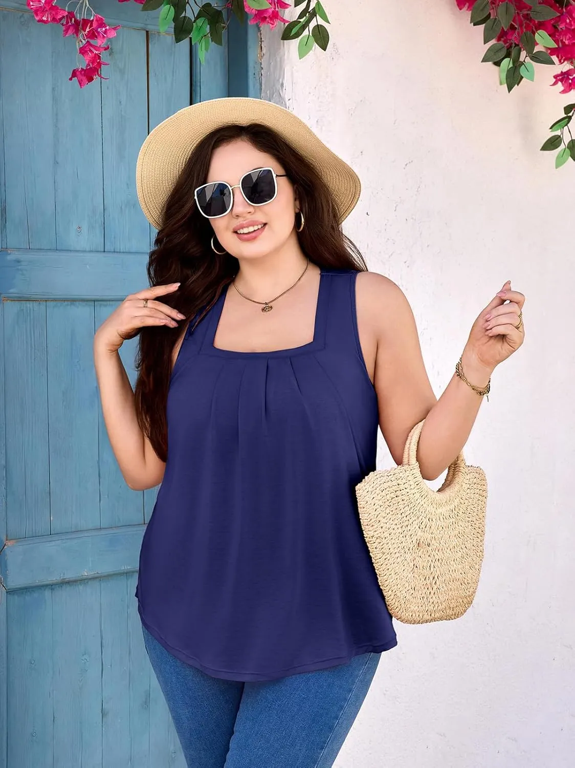 V FOR CITY Women Plus Size Loose Tank Tops with Built in Bra Square Neck Summer Shirts Flowy Casual Tunic