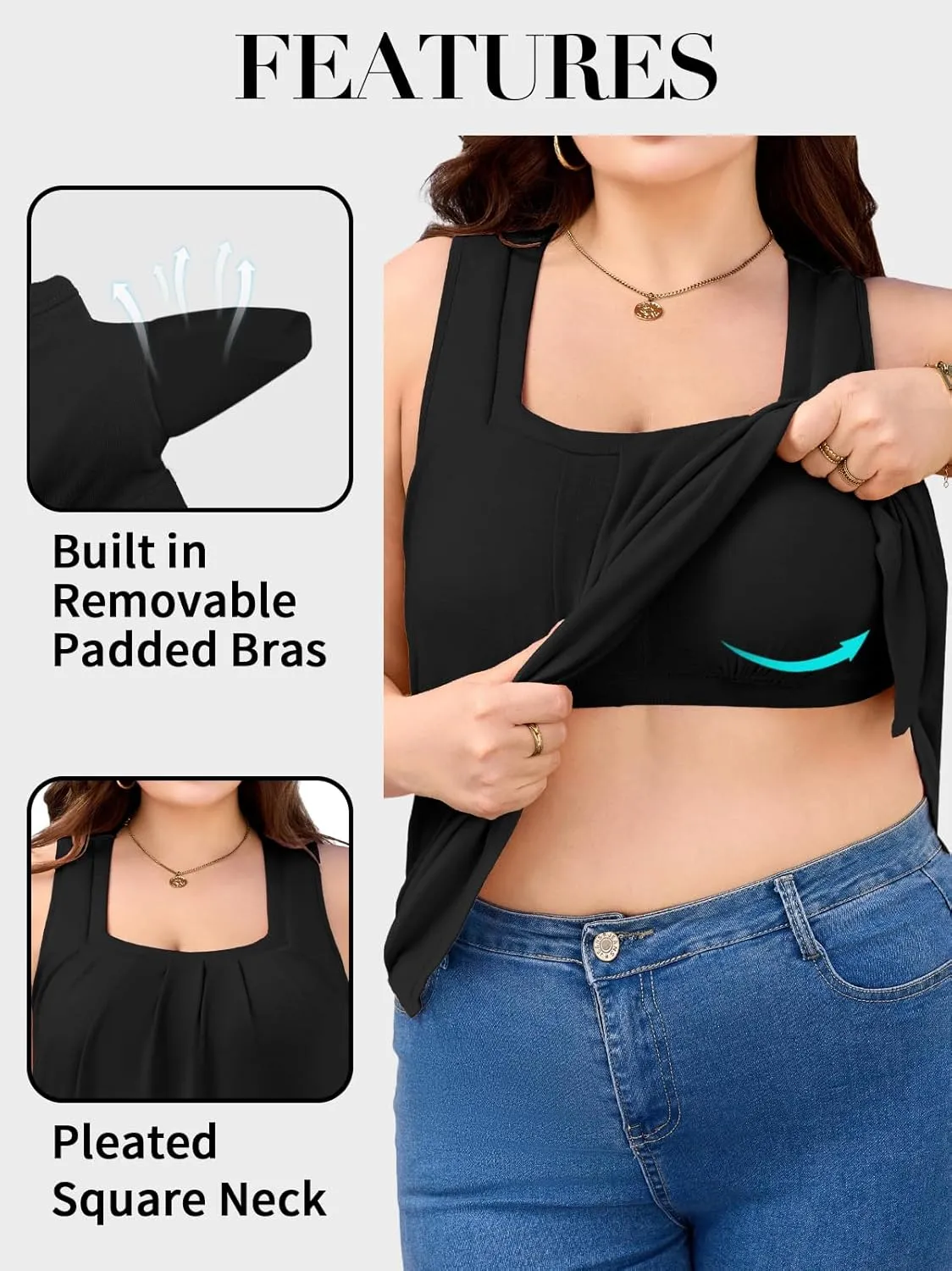 V FOR CITY Women Plus Size Loose Tank Tops with Built in Bra Square Neck Summer Shirts Flowy Casual Tunic