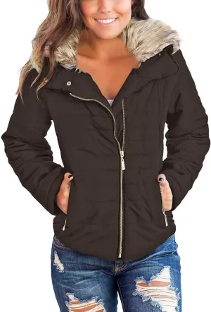 Vetinee Women Casual Faux Fur Lapel Zip Pockets Quilted Parka Jacket Puffer Coat