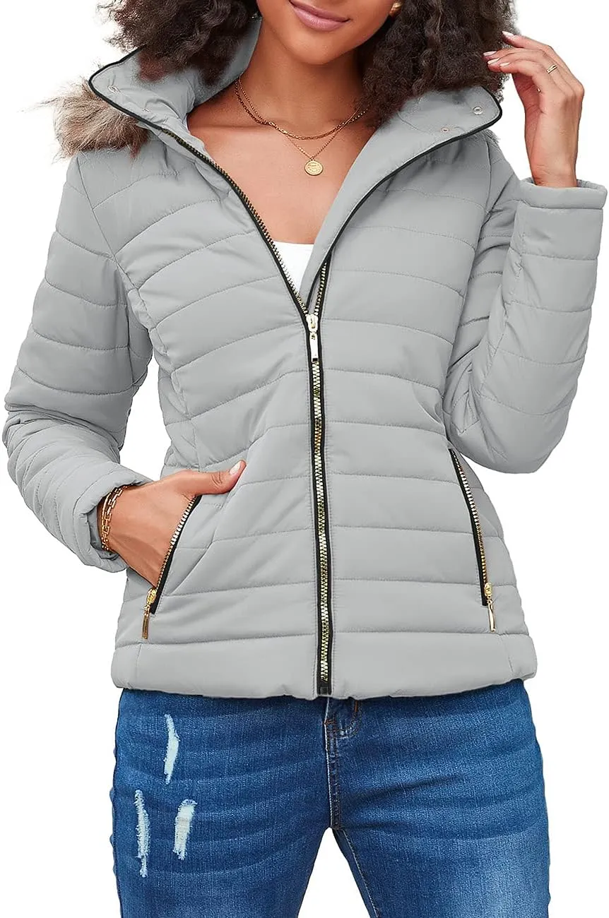 Vetinee Women Casual Faux Fur Lapel Zip Pockets Quilted Parka Jacket Puffer Coat