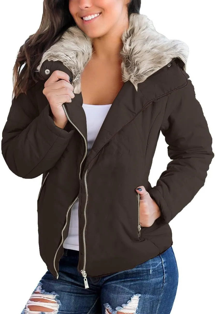 Vetinee Women Casual Faux Fur Lapel Zip Pockets Quilted Parka Jacket Puffer Coat