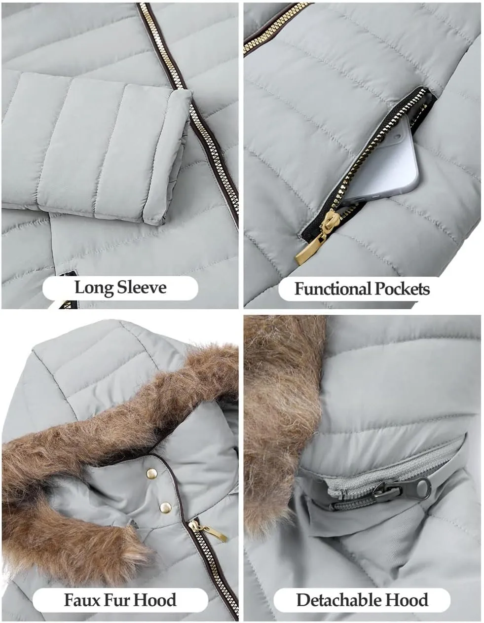 Vetinee Women Casual Faux Fur Lapel Zip Pockets Quilted Parka Jacket Puffer Coat