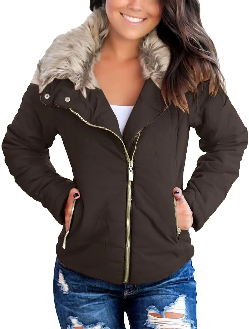 Vetinee Women Casual Faux Fur Lapel Zip Pockets Quilted Parka Jacket Puffer Coat