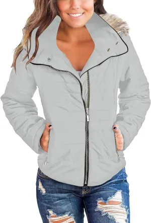 Vetinee Women Casual Faux Fur Lapel Zip Pockets Quilted Parka Jacket Puffer Coat