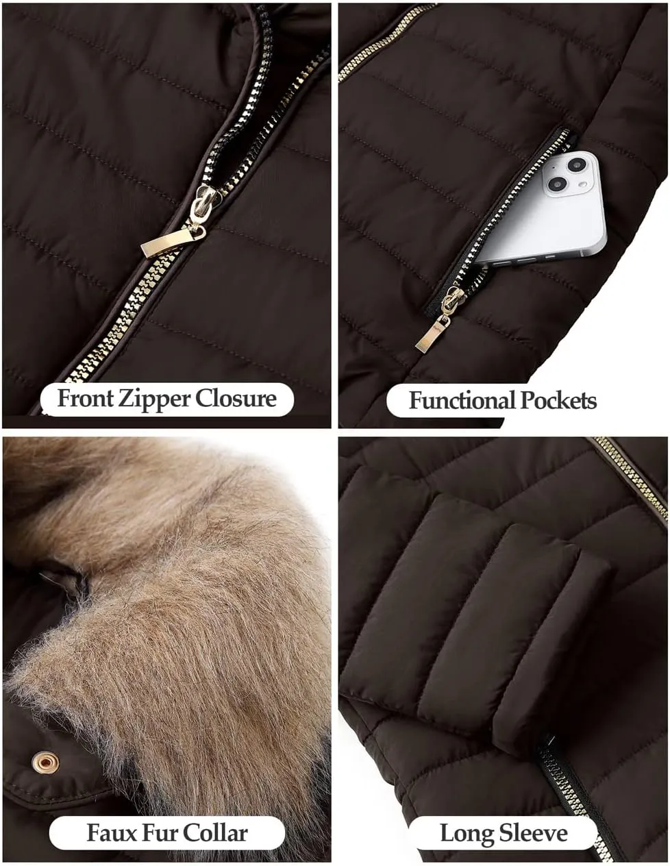 Vetinee Women Casual Faux Fur Lapel Zip Pockets Quilted Parka Jacket Puffer Coat
