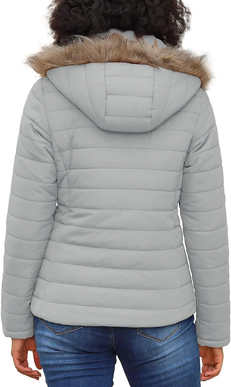 Vetinee Women Casual Faux Fur Lapel Zip Pockets Quilted Parka Jacket Puffer Coat