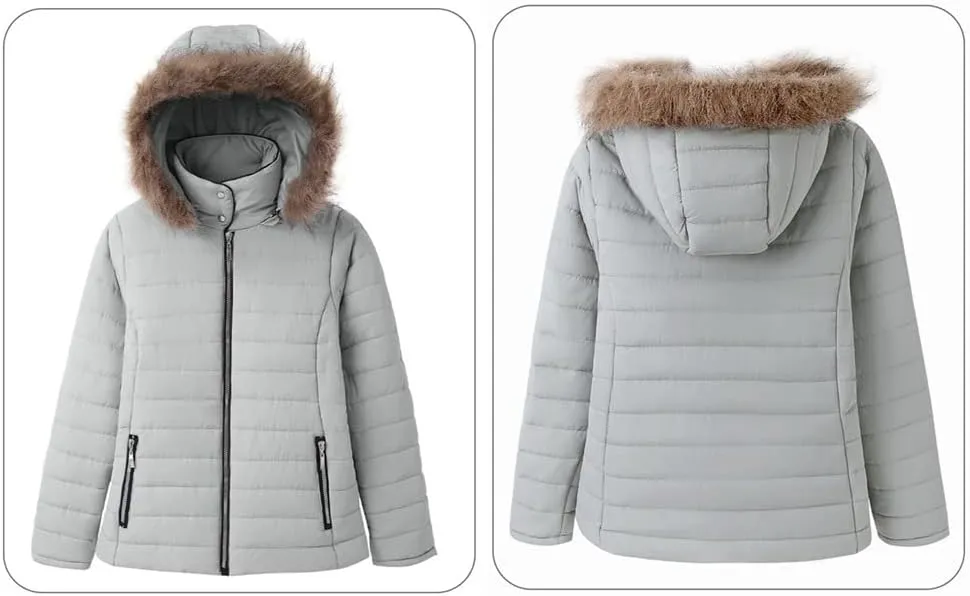 Vetinee Women Casual Faux Fur Lapel Zip Pockets Quilted Parka Jacket Puffer Coat