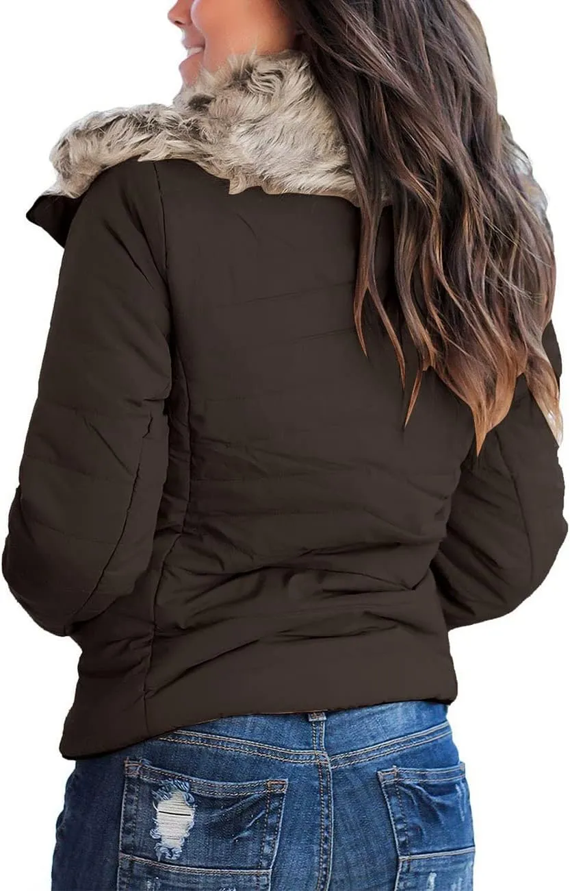 Vetinee Women Casual Faux Fur Lapel Zip Pockets Quilted Parka Jacket Puffer Coat